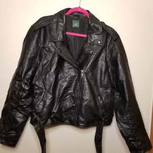 Vegan leather Wild Fable moto jacket with belt and zipper details.